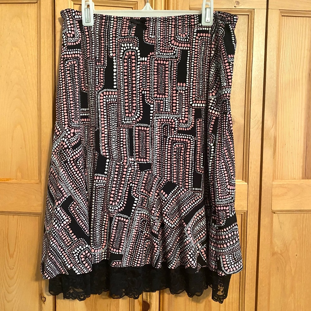 Rampage Black Pink White Polka Dot/ Geometric Print Lace Trim Skirt Sz S